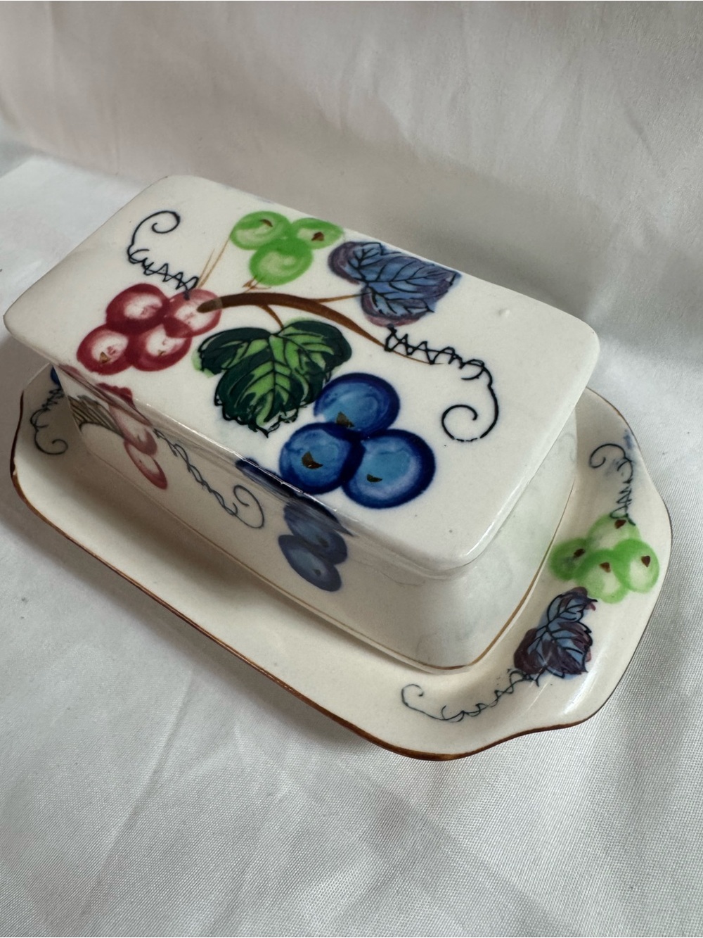 Vintage Hand Painted Japan Ceramic Butter Dish Grape Vine Fruit RSD Mark